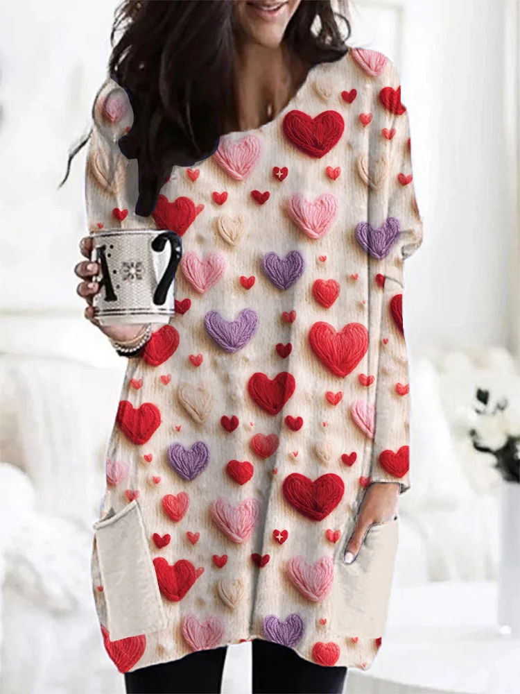 VChics Valentine's Day Heart Knit Art Casual Cozy Long Sleeve T-Shirt