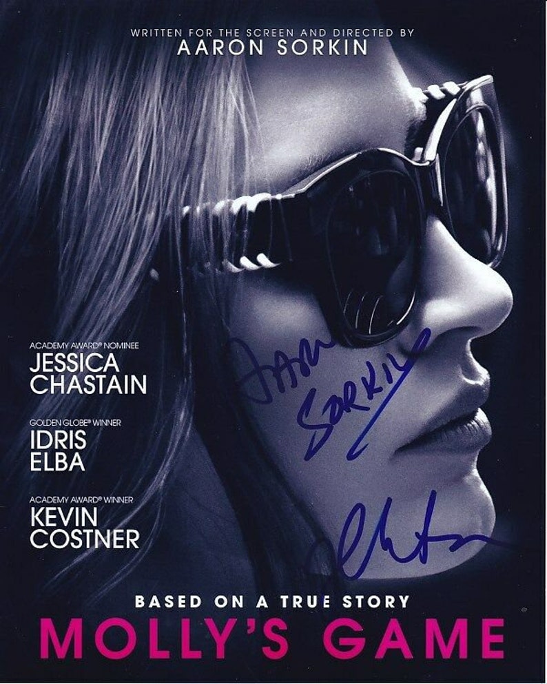 Jessica chastain & aaron sorkin signed autographed mollys game Photo Poster painting