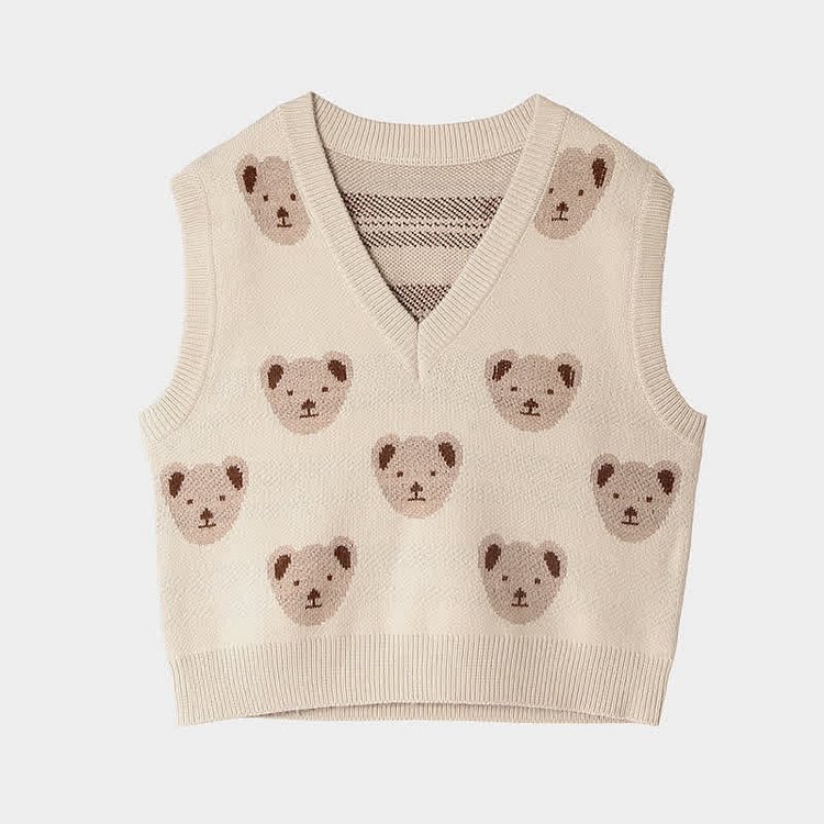 Cute Bear Print V-neck Sleeveless Vest Sweater - Modakawa Modakawa