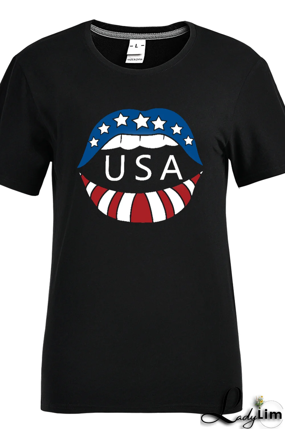 Black Fashion Casual Lips Printed Split Joint Letter O Neck T-Shirts