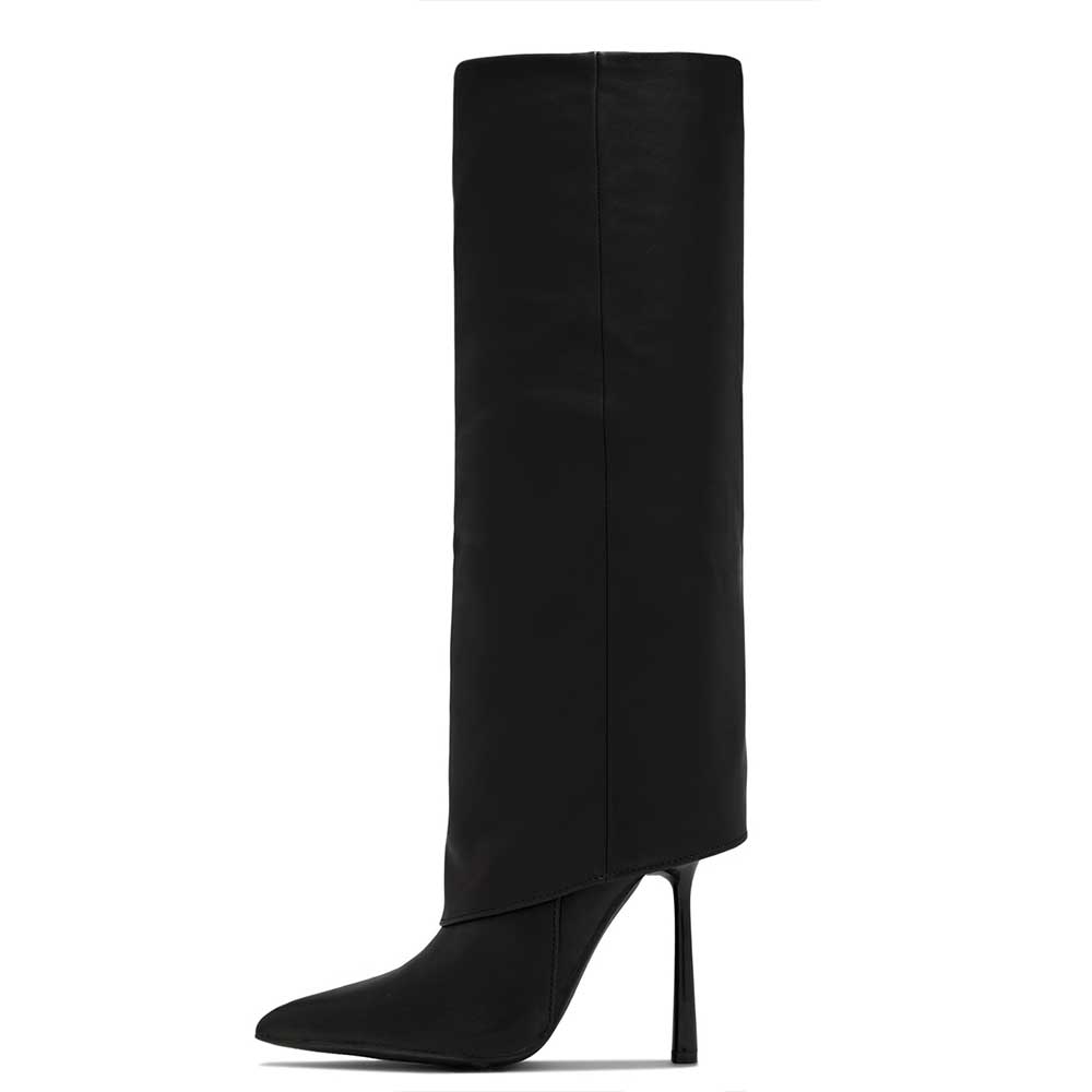 GOOSHOE Stylish Flared Heel Pointed Toe Knee High Fold Over Boots in Black