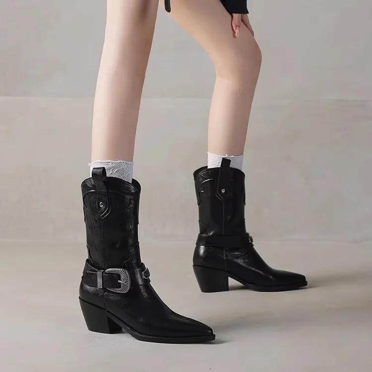 Tanguoant Tanguoant Wind Short Boots Women's Spring And Autumn Single Boots 2024 New Thick Heel High Heel Pointed Knight Boots Retro Western Cowboy Boots