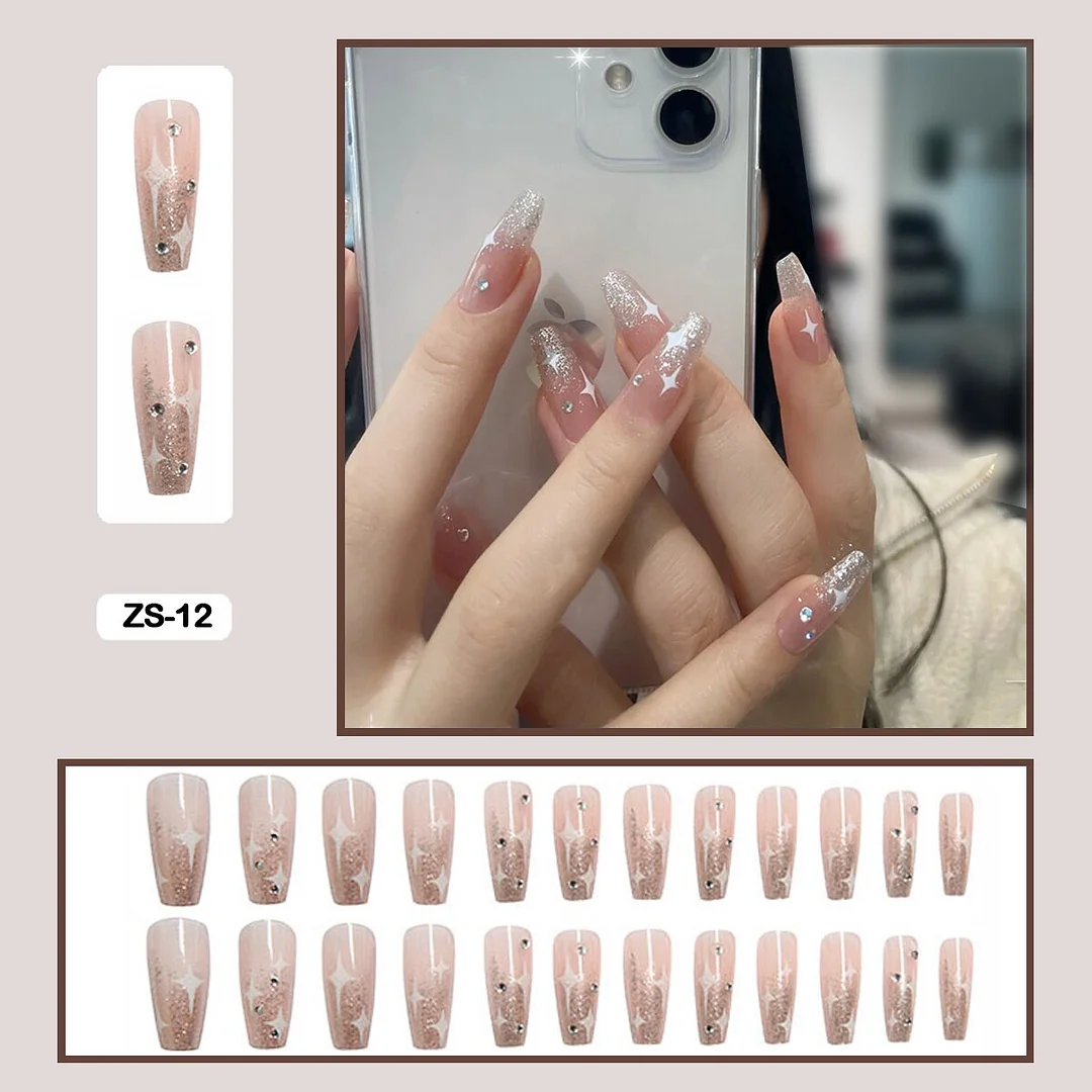 24PCS False Nails with Glue Rhinestones Long Trapezoid Detachable Pearl Stick on Nails Press on Nails Art With Wearing Tools-Nail Inspo
