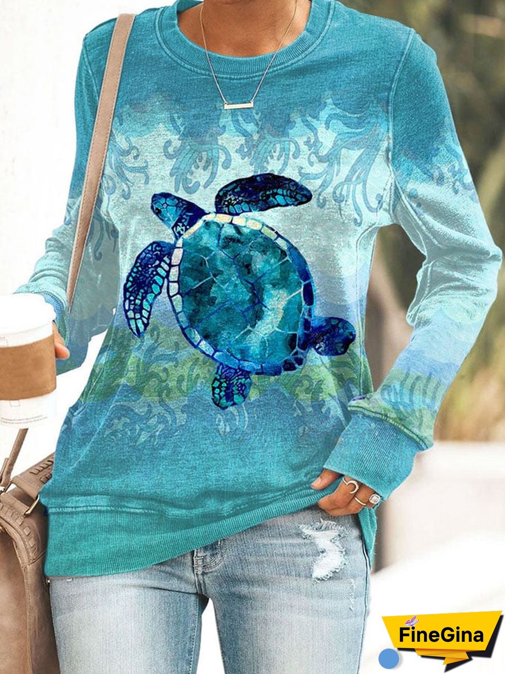 Women's Casual Turtle Print Long Sleeve Sweatshirt