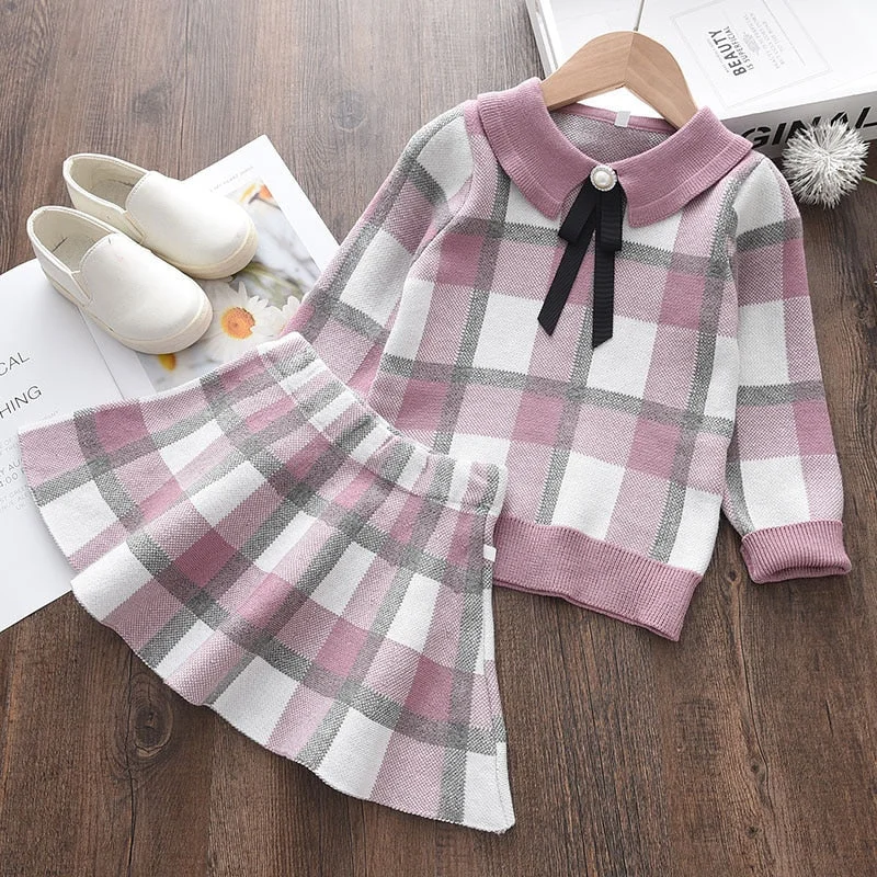 Bear Leader Girls Baby Winter Knitted Clothes Sets Fashion Kids Elegant Plaid Sweaters Tops And Skirt Outfits Princess Knitwear