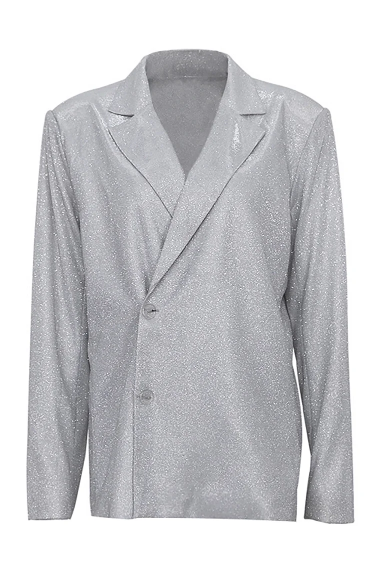 Sequin Notch Lapel Blazer Cami Bra Straight Leg Pants Matching Set-Silver