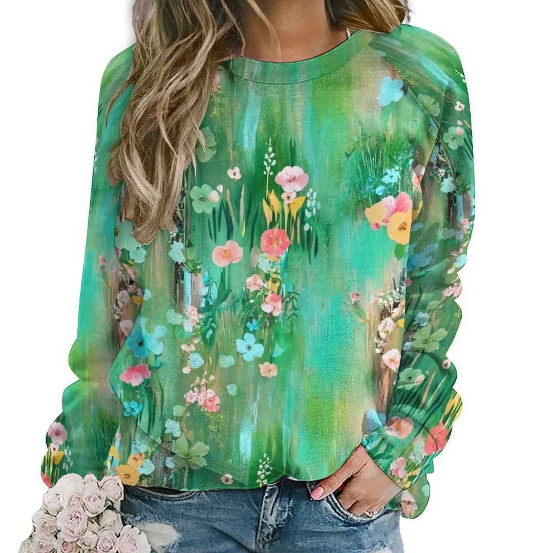 Printed Long Sleeve Casual Sweatshirt for  Women and Men Unisex Pattern Green, Yellow, Floral