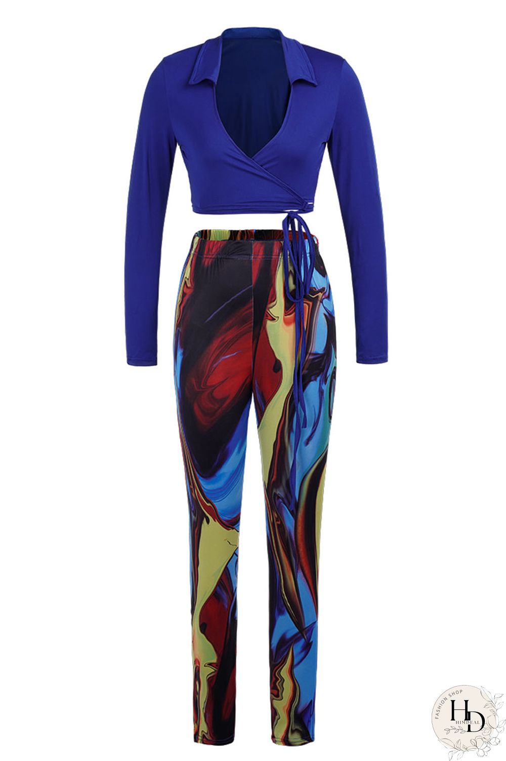 Blue Sexy Print Split Joint Frenulum V Neck Long Sleeve Two Pieces