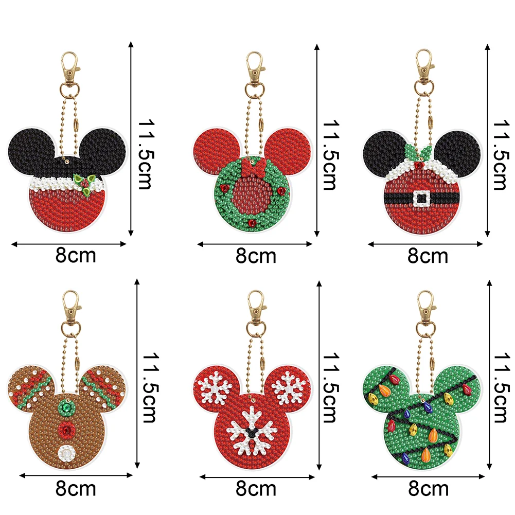 6pcs DIY Xmas Mickey Mouse Diamond Keychains Pendant Double Sided Diamond Art Keychains