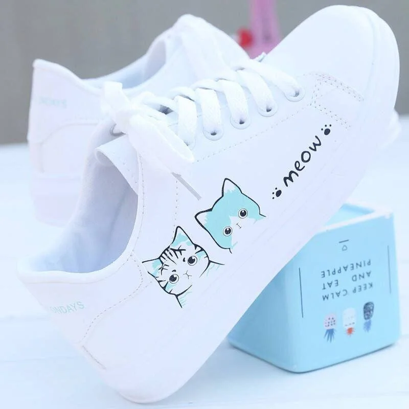 Qengg New Arrival Fashion Lace-up Women Sneakers Women Casual Shoes Printed summer Women Pu Shoes Cute Cat Canvas Shoes