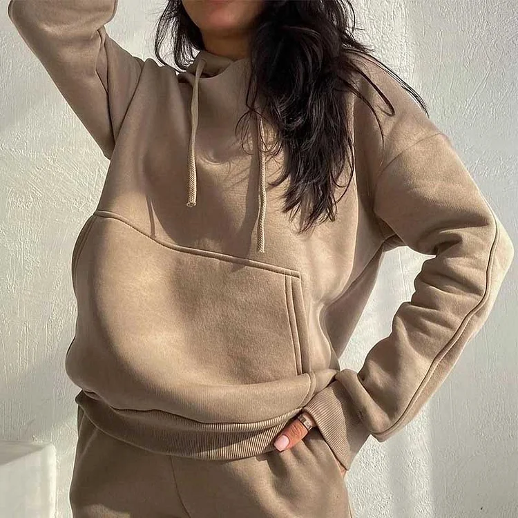 Solid Color Fleece Long-Sleeved Hooded Sweatshirt Trousers Two-Piece Set at Hiphopee