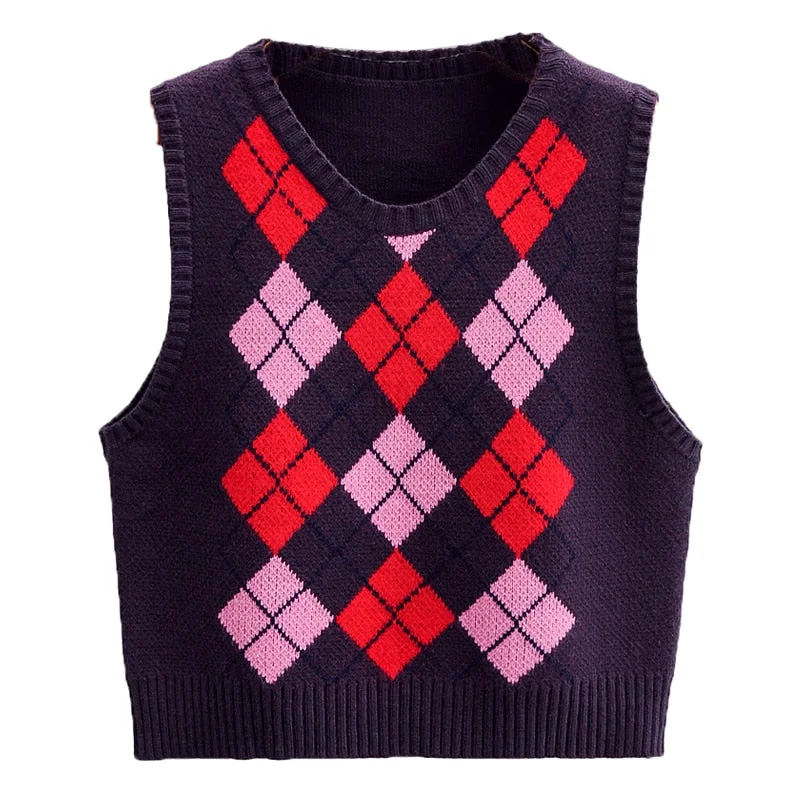 HEYounGIRL Argyle Y2K Tank Sweater Women 90s Preppy Style Casual Sleeve Knitted Crop Top Jumper Vintage Mini Vest Autumn Fashion