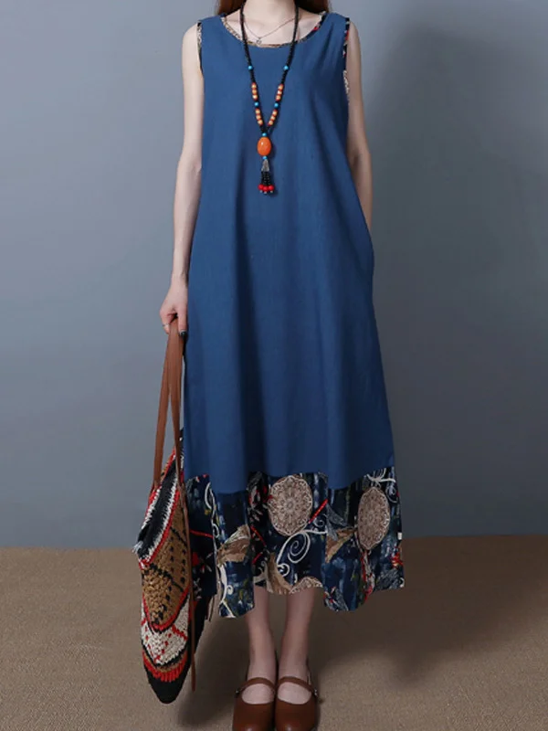 Cotton Blend Round-Neck Sleeveless Embroidered Dress