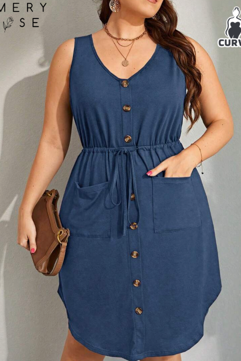 Mature Women Plus Size Patch Pockets Drawstring Waist Front Buttoned Sleeveless Casual Summer Dress