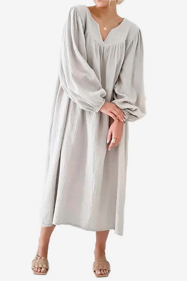 Irregular Neck Long Bell Sleeve Pleated Linen Casual Midi Dress