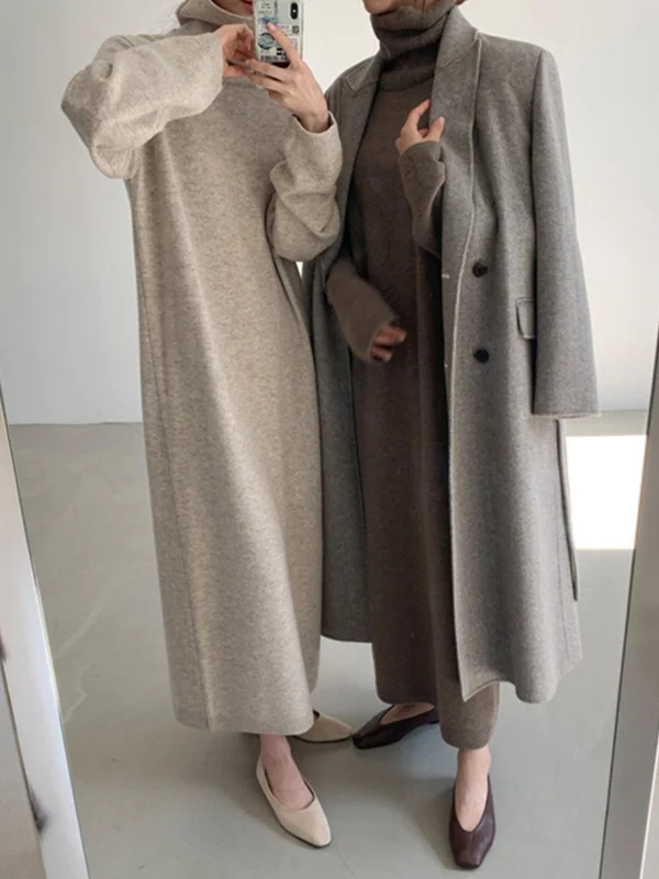 Casual Long Sleeves Loose Solid Color High-Neck Sweater Dresses