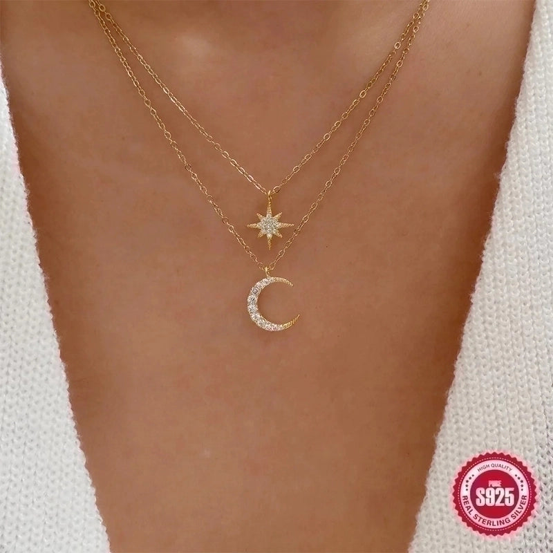 925 Sterling Silver Zircon Cable Chain Plating Inlay Star Moon Double Layer Necklaces