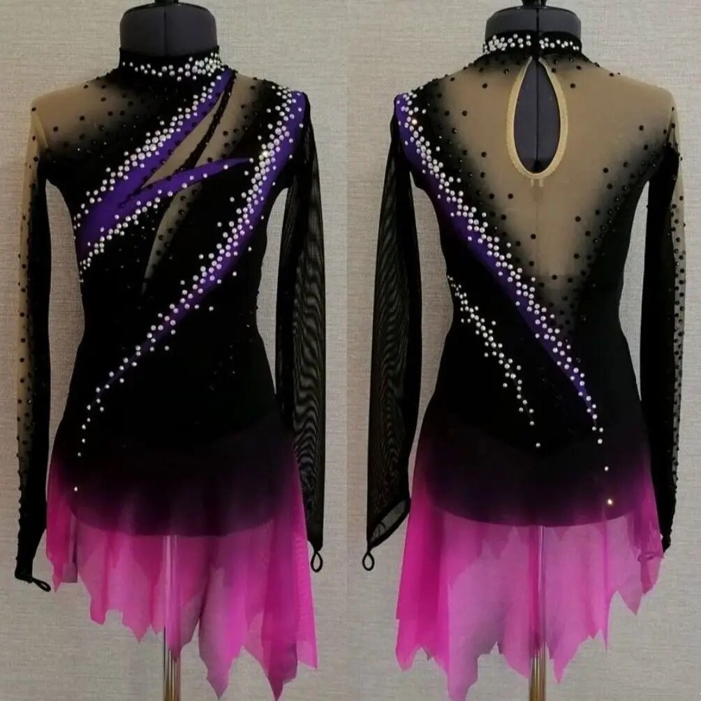 Ice Figure Skating Dress Girls Blue Mesh Long-sleeved Competition Performance Training Clothes Children Adults