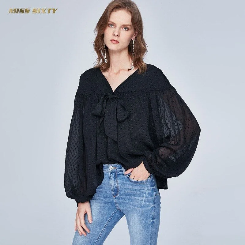 Spring Summer Solid Shirts for Women V-neck Bow Loose Lantern Sleeve Women Blouse Casual Plus Size Office Lady Tops 12638