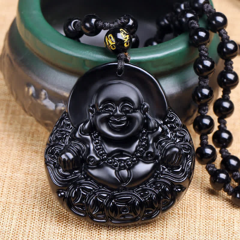 Black Obsidian Laughing Buddha Strength Protection Pendant Necklace