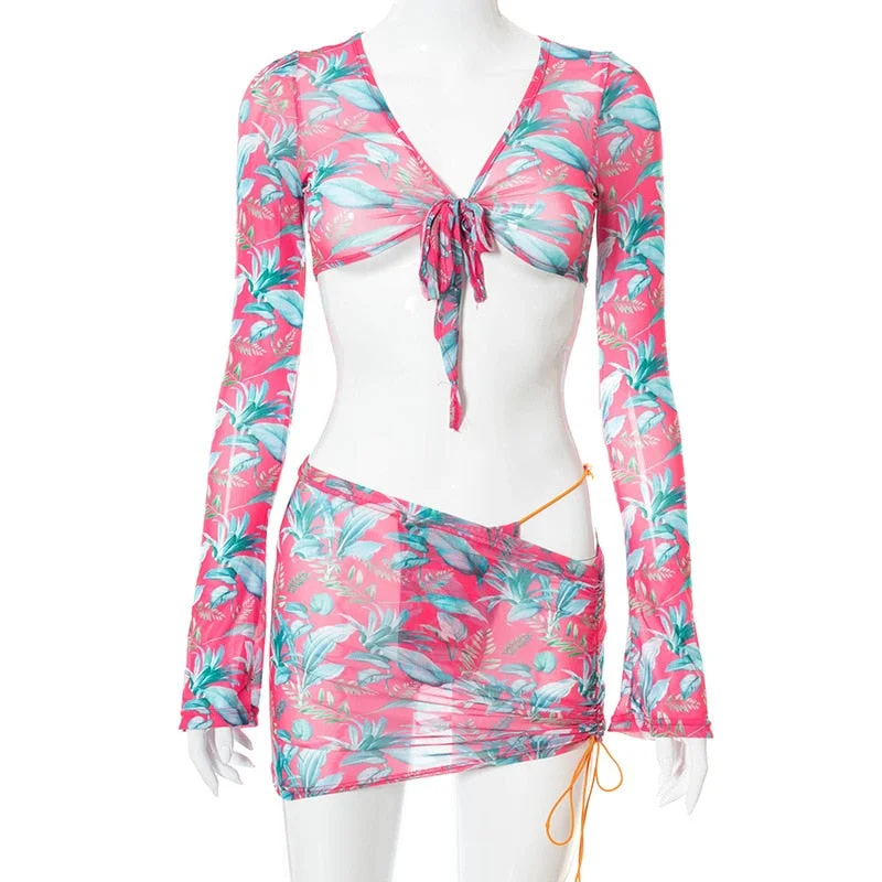 Peachtan Long sleeves bikini set Print swimwear female 2021 Skirts 3 pieces swimsuit women's swimming suit Print bathing suit