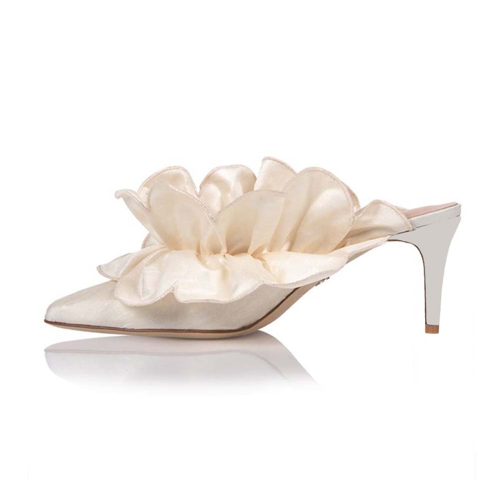 White Pointed Toe Satin Mules Wedding Flower Lace Decor Stiletto Heels Nicepairs