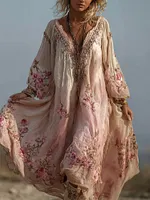 Boho Pink Roses Embroidered Oversize Flowy Linen Maxi Dress