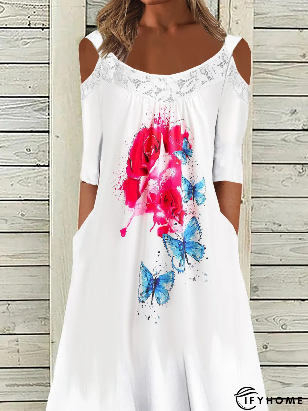 Red Floral Jersey Casual Lace Dress | IFYHOME