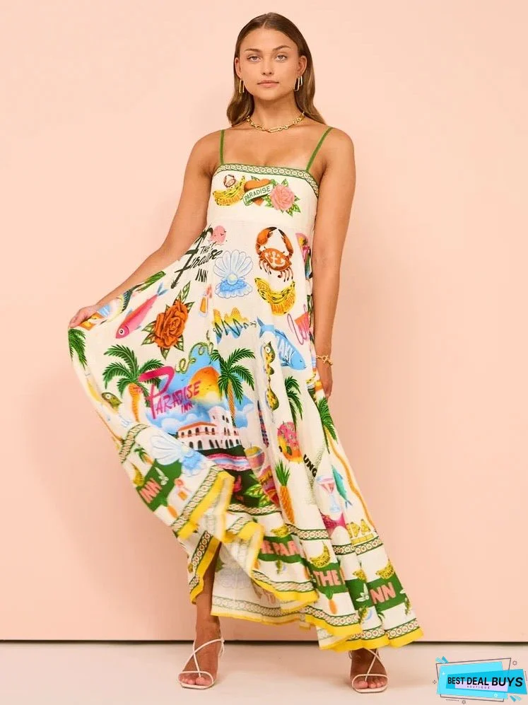 Women Suspender Graffiti Cotton and Linen Print Maxi Dress