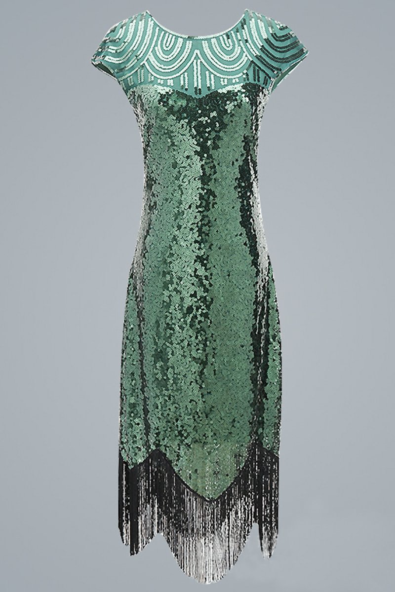1920s Formal Green Sequin Embroidery Fringe Round Neck Midi Dress