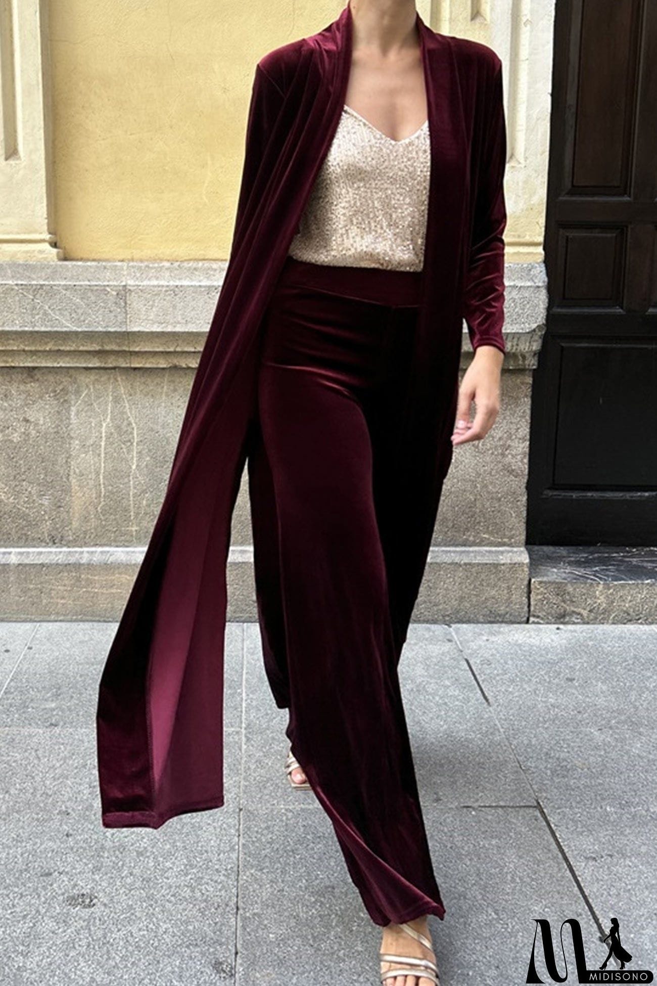 MidiSono - Velvet Slit Long Cardigan Two-piece Pants Suits