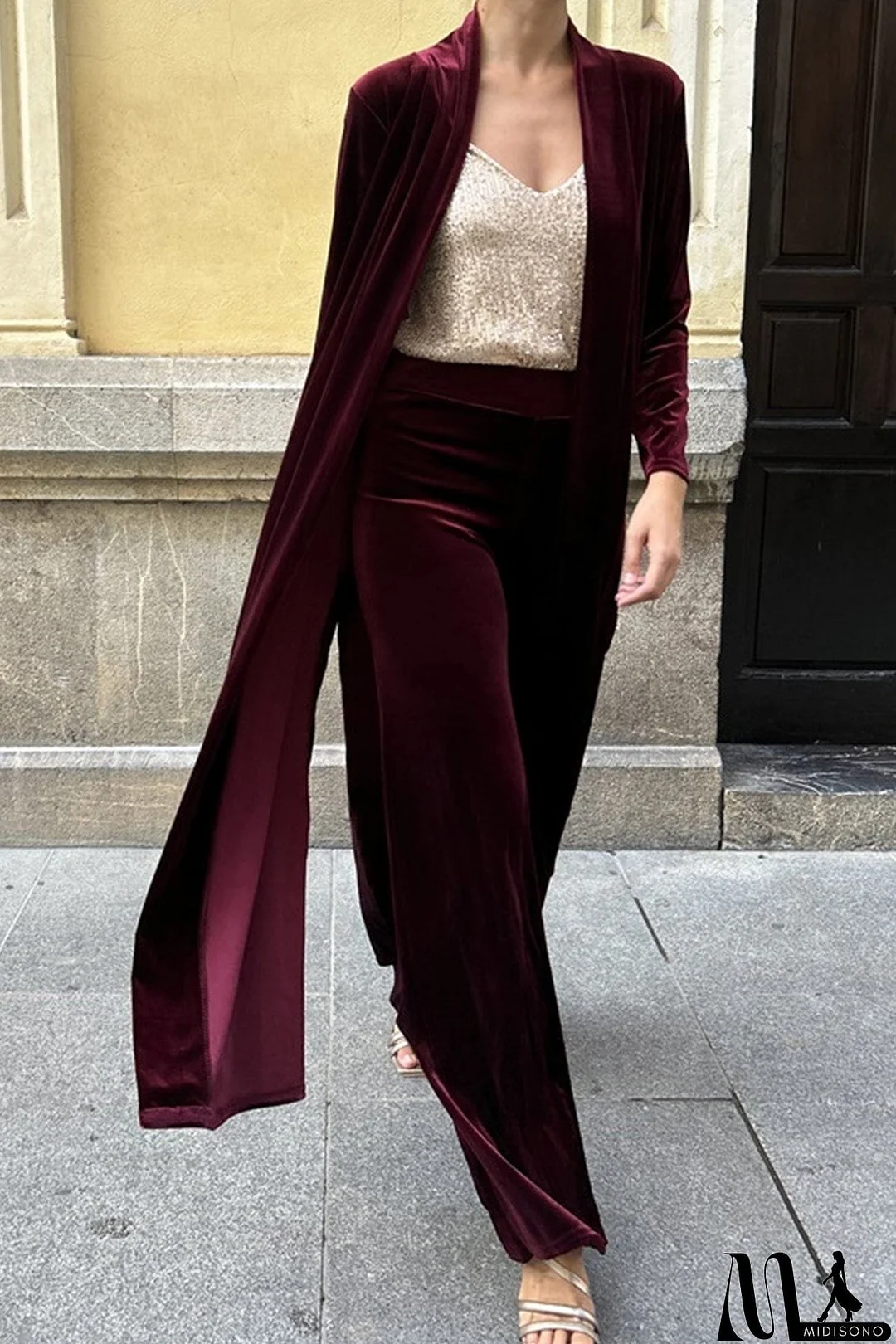 MidiSono - Velvet Slit Long Cardigan Two-piece Pants Suits