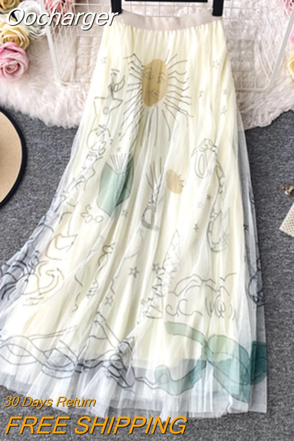 Oocharger 2023 High Waist Skirts Women Print Mesh A-line All Match Mujer Faldas Korean Vintage Fashion Long Skirt Clothing 17449