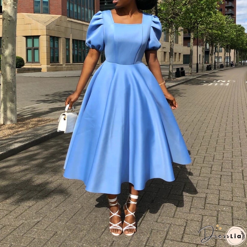 Women's Summer Short Sleeve Pleated Solid Color Large Skirt Party Dress Dress