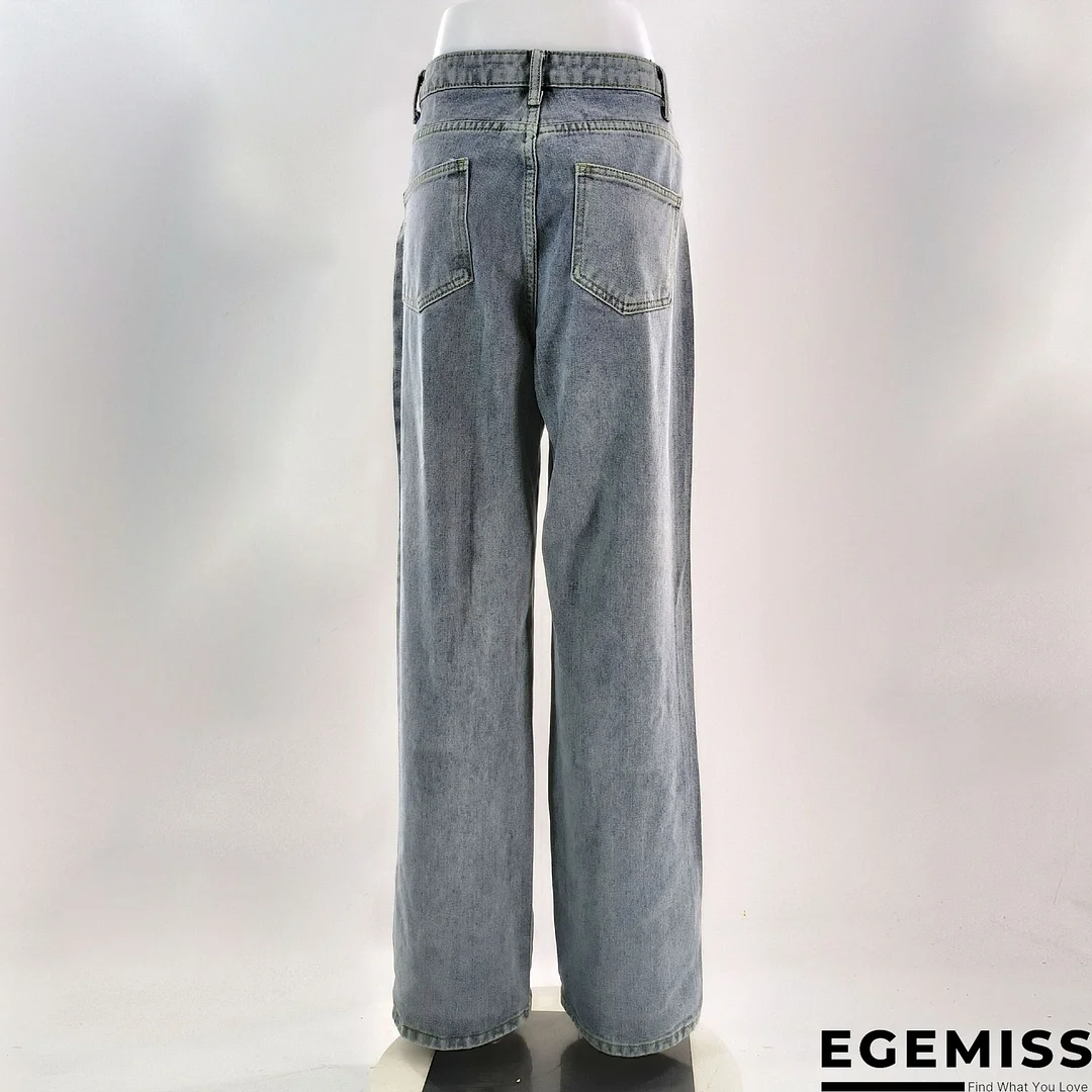 Grey Street Print Ripped Make Old Patchwork High Waist Straight Denim Jeans | EGEMISS