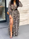 Leopard Split-Side Empire Long Sleeves V-Neck Maxi Dresses