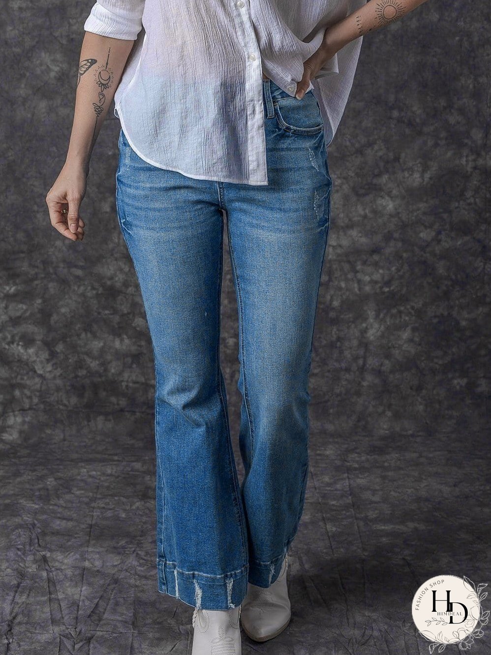 Vintage Embroidered Patchwork Bootcut Button Side Split Denim Jeans