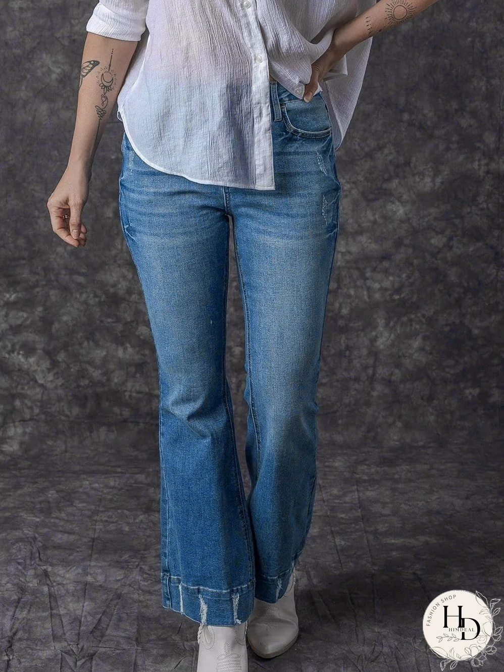 Vintage Embroidered Patchwork Bootcut Button Side Split Denim Jeans