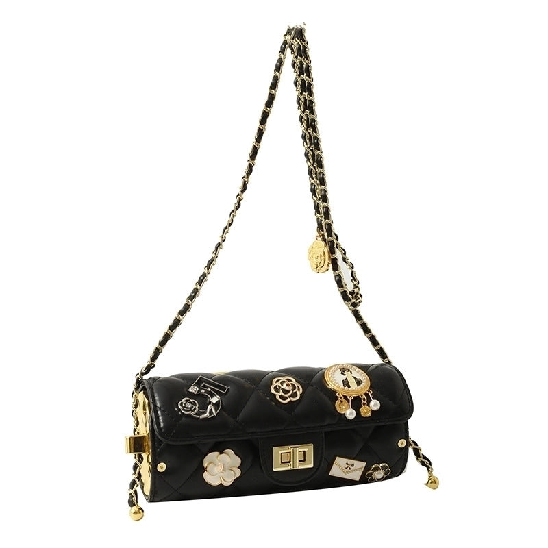 Women’s Medium All Seasons Pu Leather Flower Streetwear Square Lock Clasp Shoulder Bag