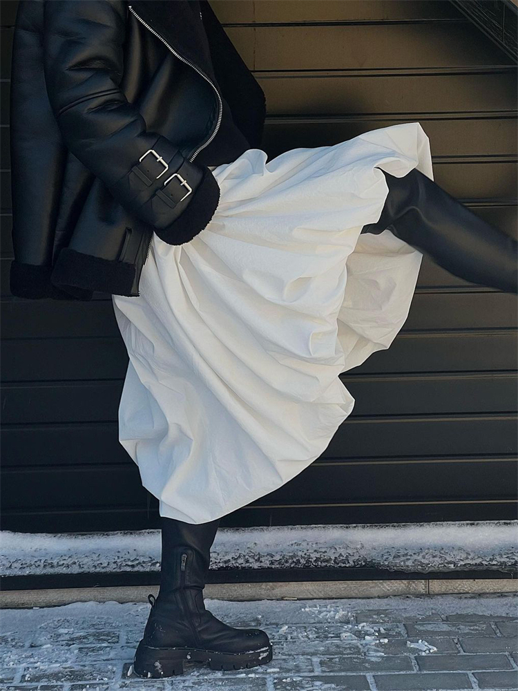 TARUXY Silk Satin White Maxi Skirt Long Ruffled Pleated Skirts Elegant Lantern Pants A-Line Silk Long Skirts For Women 2023 New