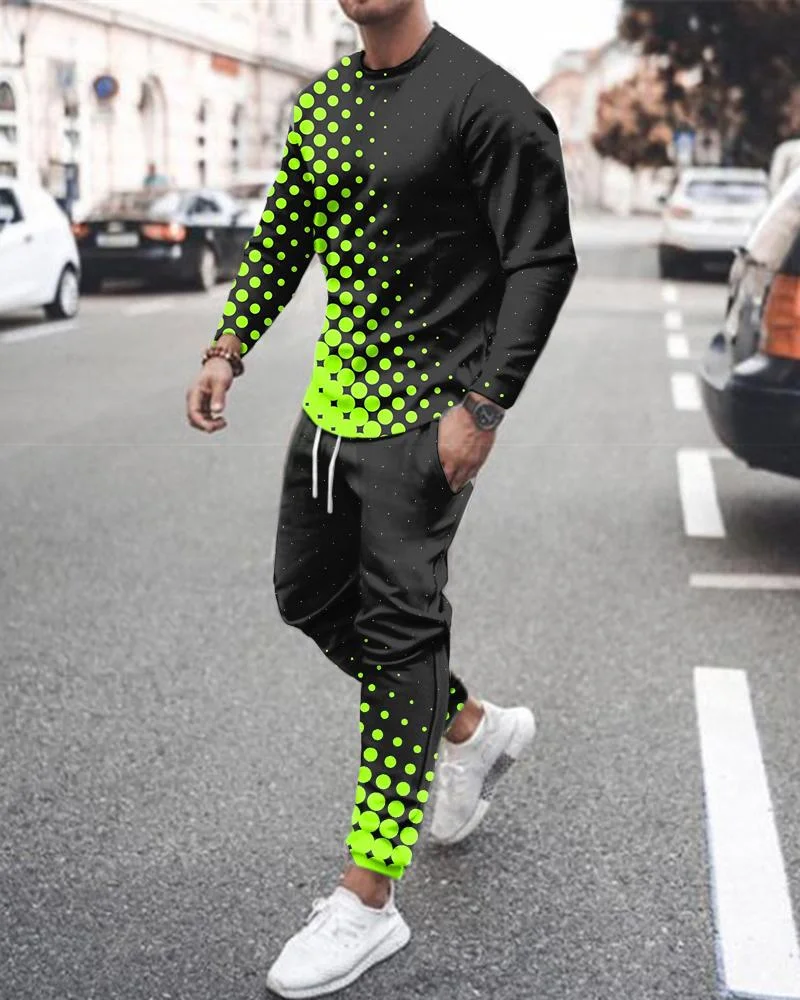 Men's Fashion Green Polka-dot Printing Long-sleeved Suit