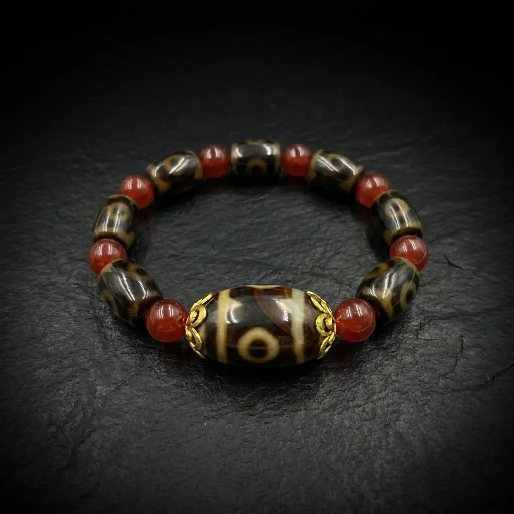 JiStones Mystical Heritage: Handcrafted Tibetan Dzi Bead & Natural Agate Bracelet Collection The Guardian: Three-Eyed Dzi with Single Accent-Universal Fit (Adjustable)
