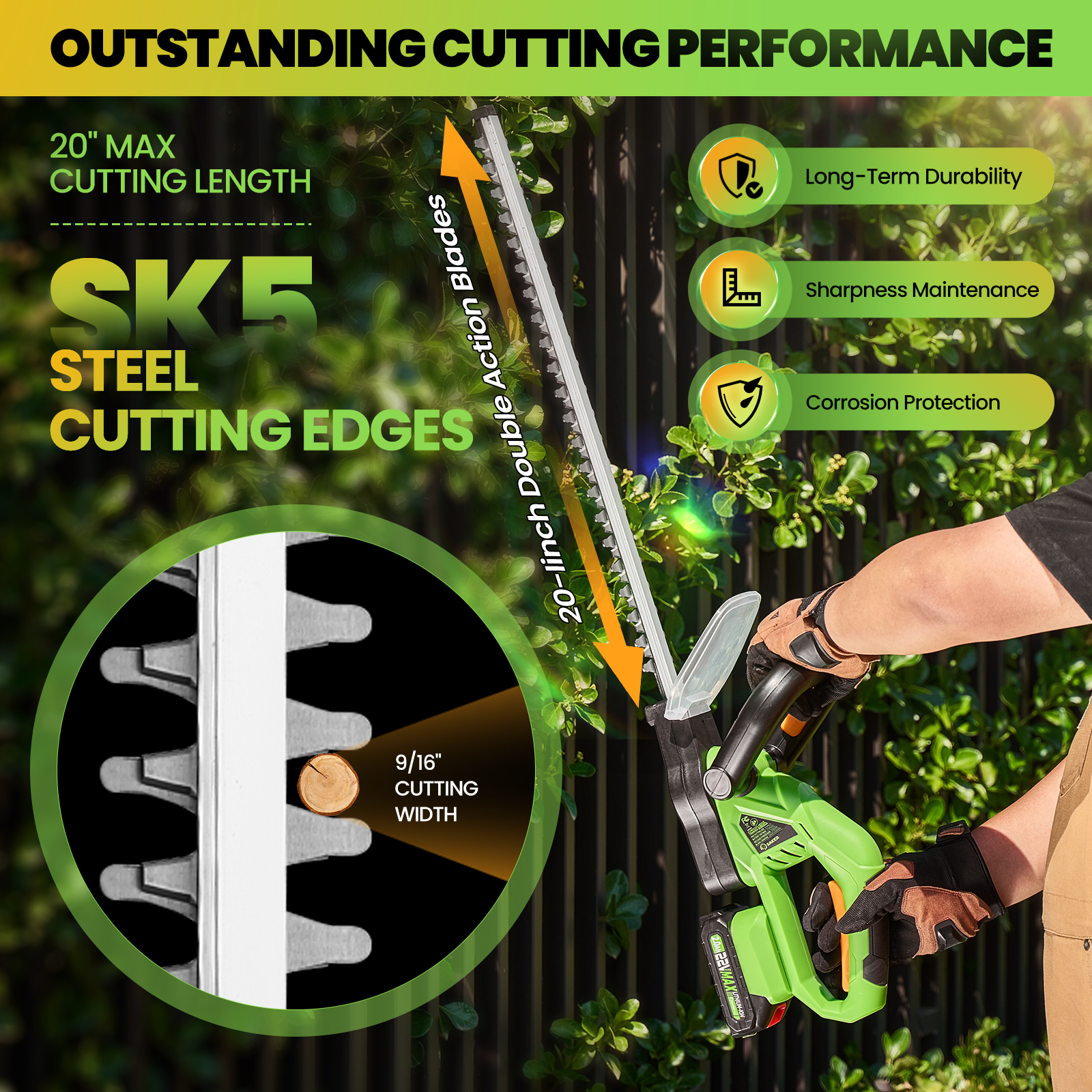 SAKER Cordless Hedge Trimmer 20" 22V