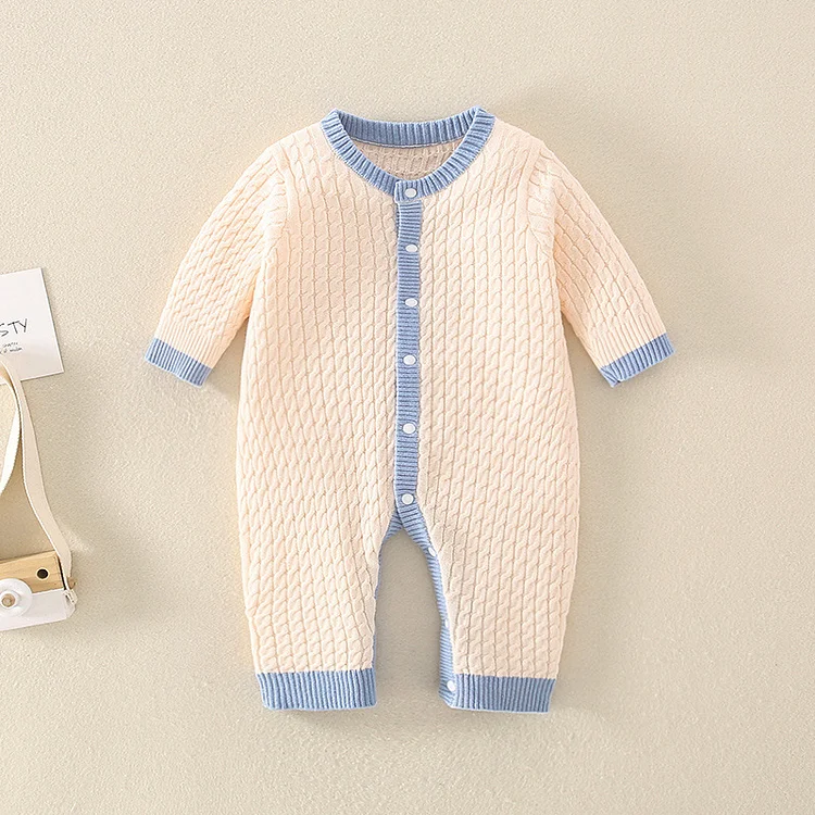 New Born Baby Boy/Girl Contrast Cuff Button Up Knitted Romper