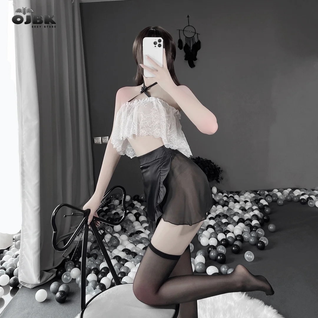 OJBK Women Sexy Lingerie Secretary Backless Uniform Cosplay Exotic Office Lady Transparent Lace Halter Top Outfit Mini Skirt New