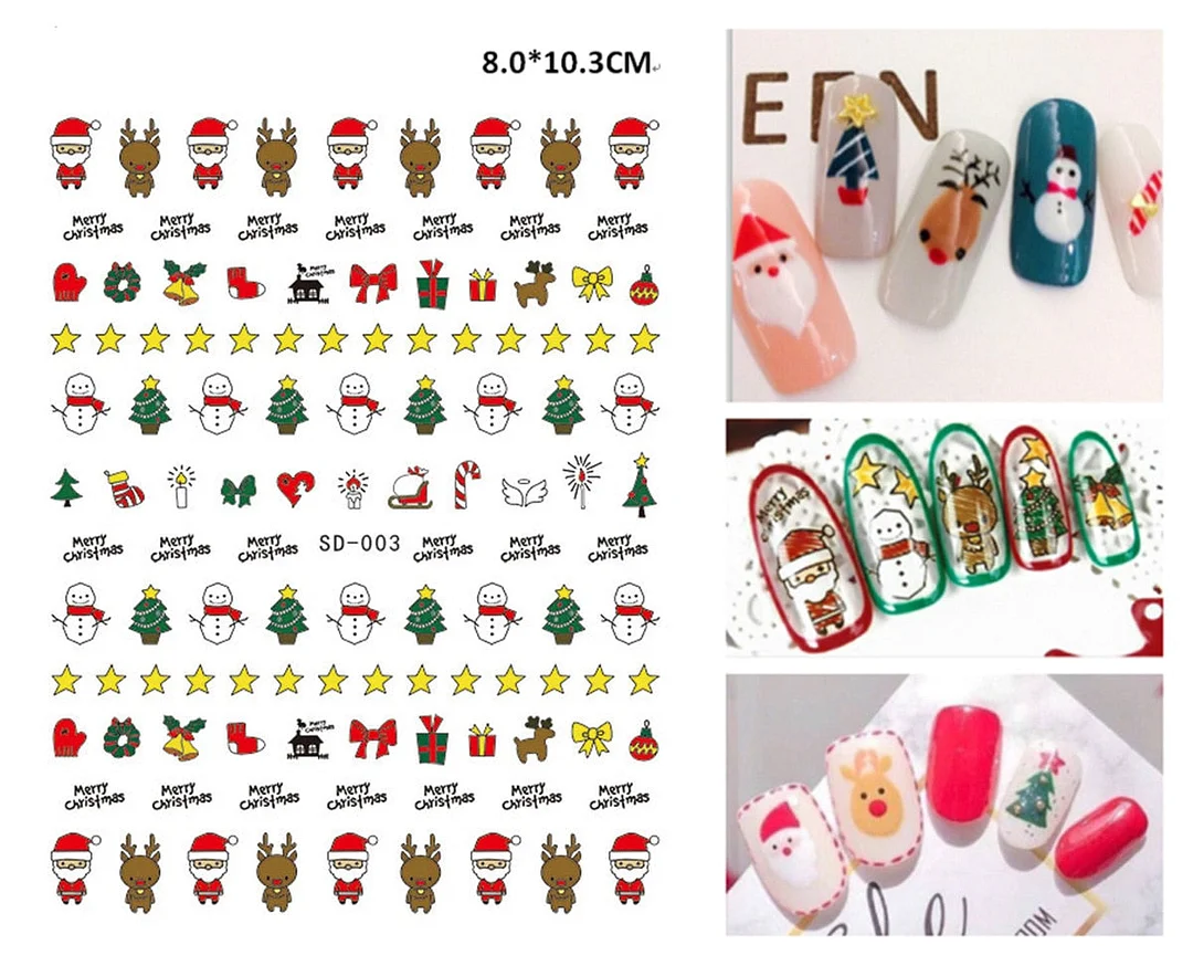 Merry Christmas 3D Nails Sticker Winter Cute Cartoon Sliders Snowflake Elk Xmas Tree Decal UV Gel Polisn Manicures Foils Decor-Nail Inspo