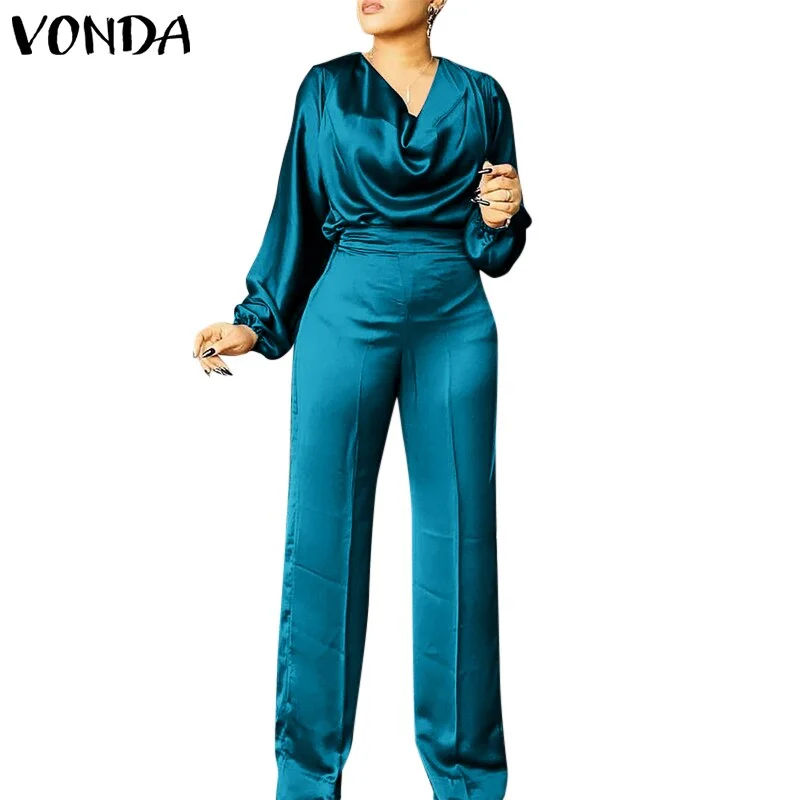 Office Ladies Jumpsuist Women Trousers Sexy V Neck Puff Sleeve Party Jumpsuits 2022 VONDA Casual Wide Leg Pants Palazzo Pants