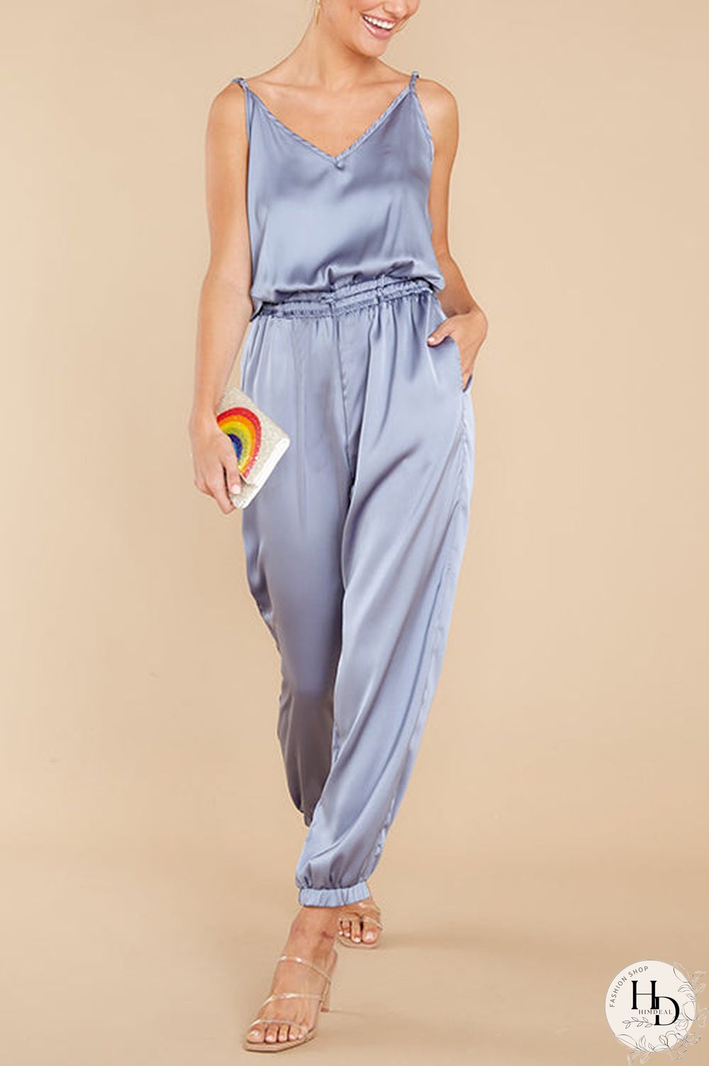Strappy V Neck Elastic Waist Jumpsuit