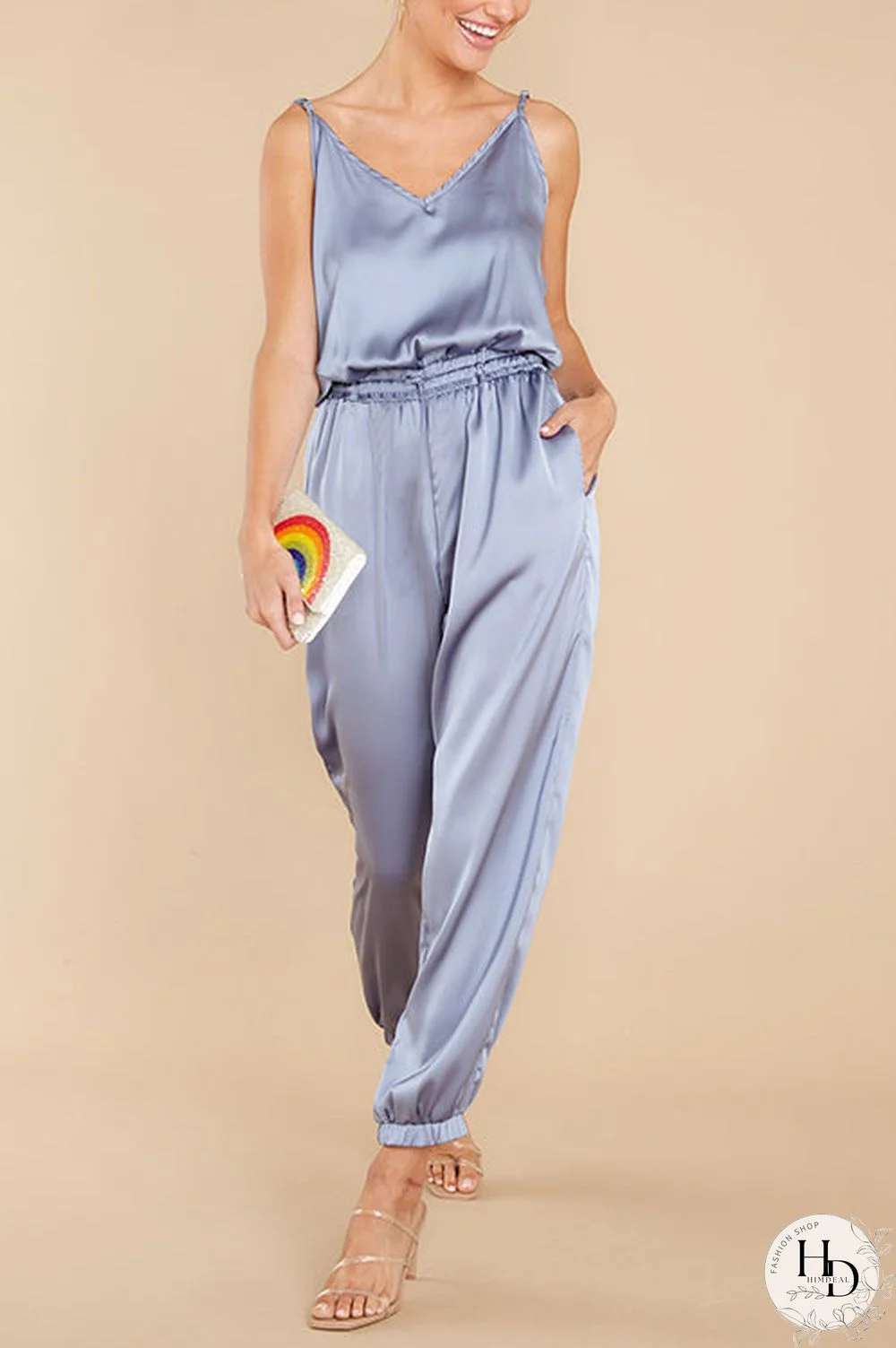 Strappy V Neck Elastic Waist Jumpsuit