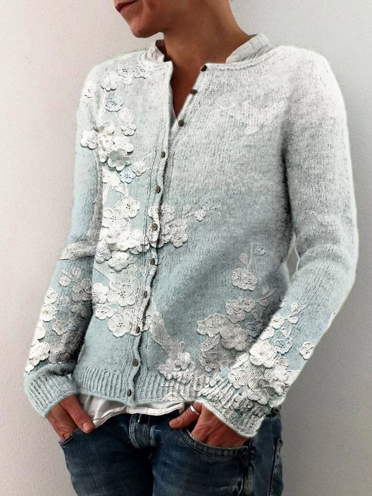 Japanese Embossed Floral Women's Knit Sweater
